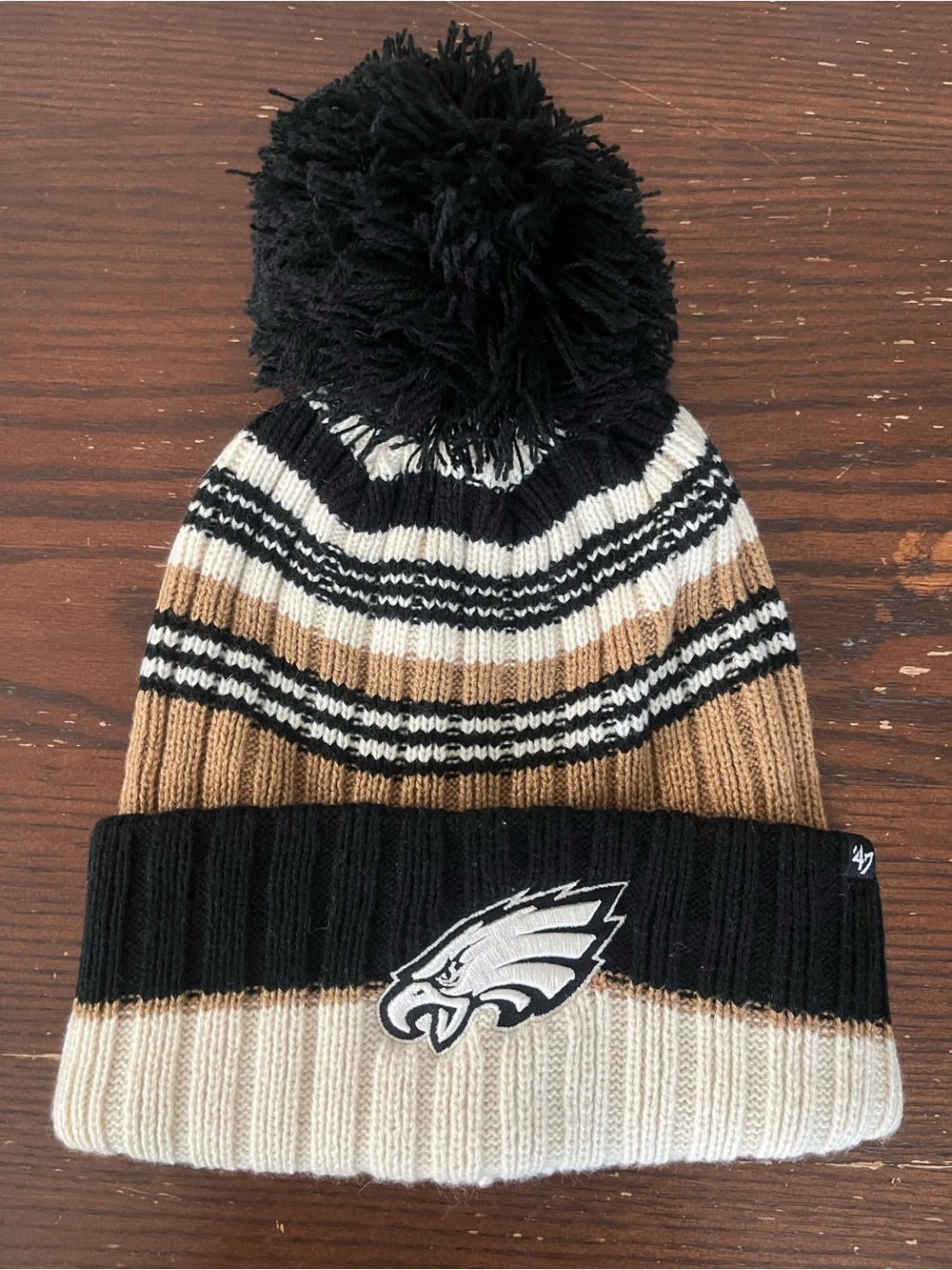 47 Philadelphia Eagles Black Tan and Cream Pom Beanie